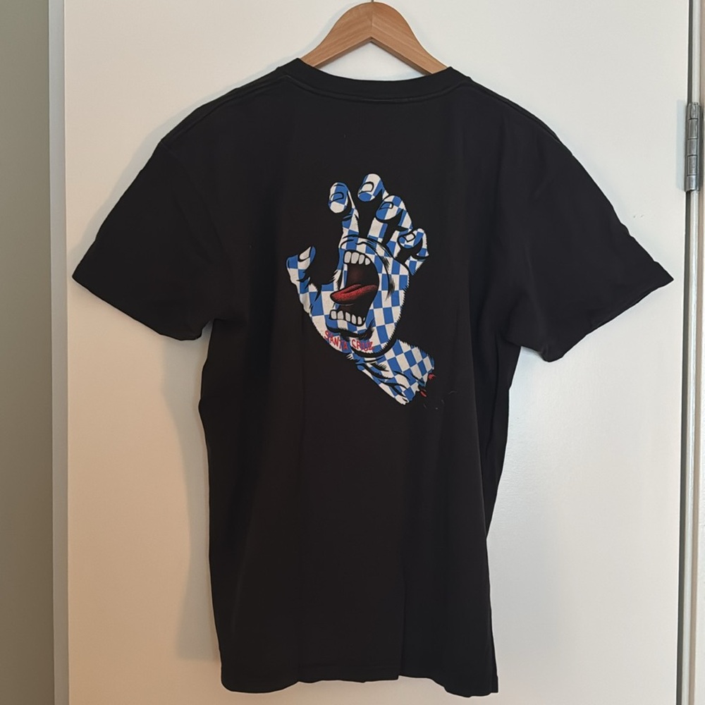 Black Santa Cruz Tee with Classic Screaming Hand Checkered Graphic